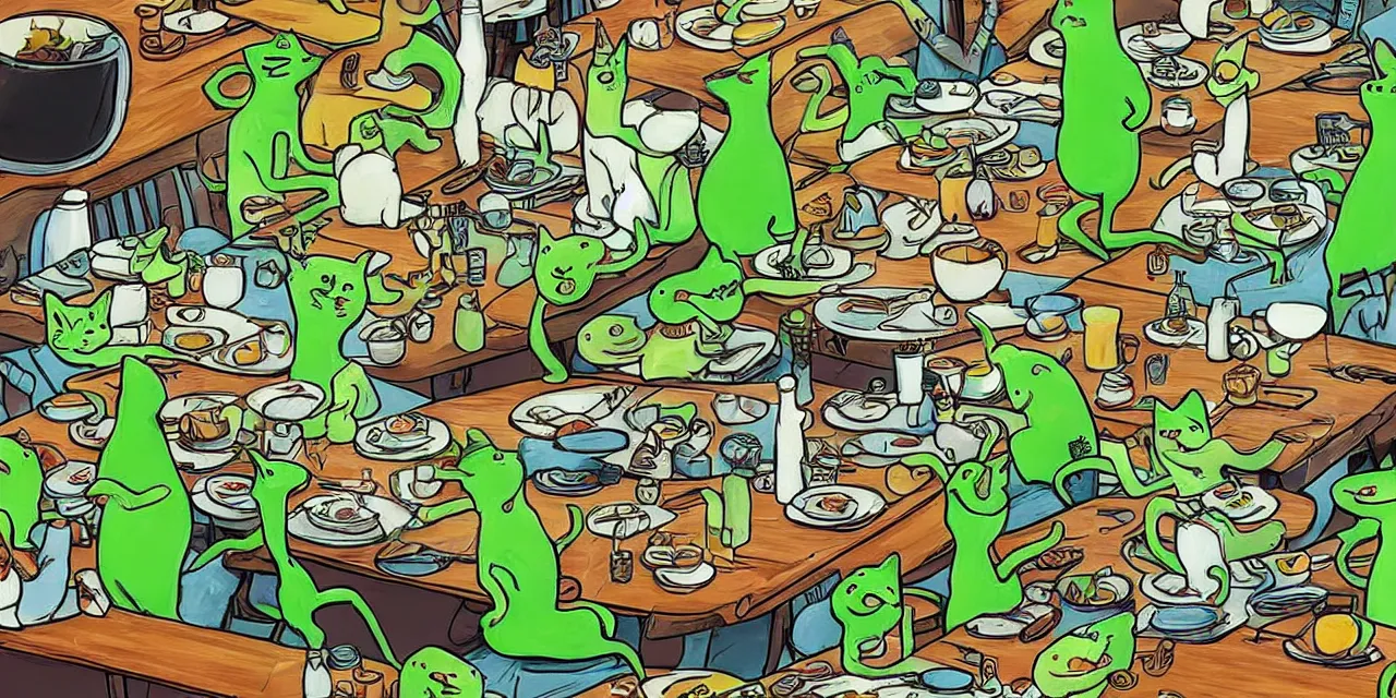 Image similar to long table big family style diner in the artistic style of slightly surreal cat in the cat book iconography but replace cat with little green aliens wearing costumes highly detailed