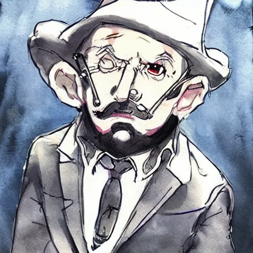 Prompt: Gnome Alchemist dressed like a mobster, drawn by Yoji Shinkawa, water color, Dungeons and Dragons, Wizards of the Coast