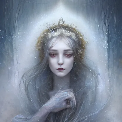 Prompt: Beautiful Delicate dark art Detailed full head portrait of snow woman, With Magical grey eyes by Tom Bagshaw, Bastien Lecouffe Deharme, Erik Johansson, Amanda Sage, Alex Grey, Alphonse Mucha, Harry Clarke, Josephine Wall and Pino Daeni, Delicate winter frozen creature With long white grey windy Hair and Magical Sparkling Eyes, Magic Particles; Magic Swirls, in a out of this world magical frozen landscape, 4K; 64 megapixels; 8K resolution concept art; detailed painting; digital illustration; hyperrealism; trending on Artstation; Unreal Engine Photorealistic, lifelike, Unreal Engine, sharp, sharpness, detailed, 8K