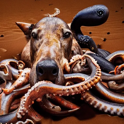 Image similar to National Geographic photo of horse full of octopus being eaten by African hunting dogs