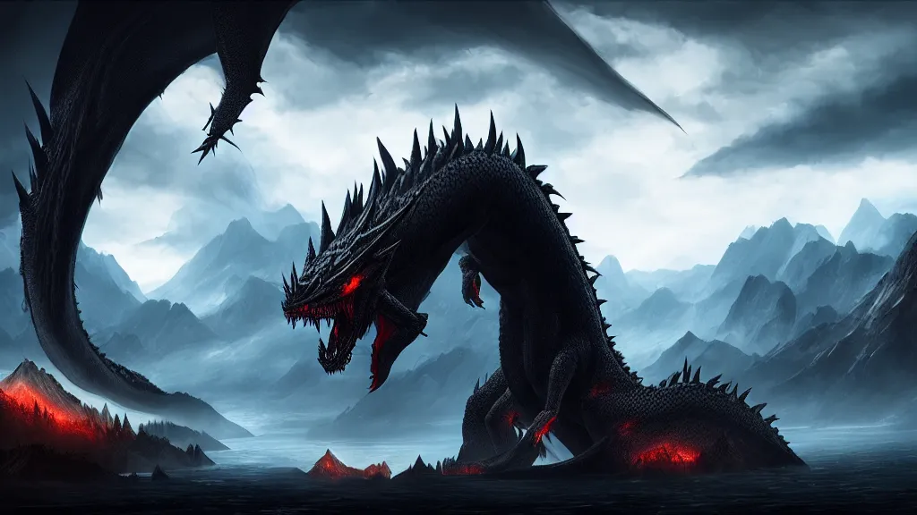 Prompt: Ancalagon the black, the biggest dragon that ever lived, over towering the huge mountains of Thangorodrim, single dragon, landscape wide shot, epic, cinematic lighting, Unreal Engine 5, film key art, Bloom, dramatic lighting, cg artist