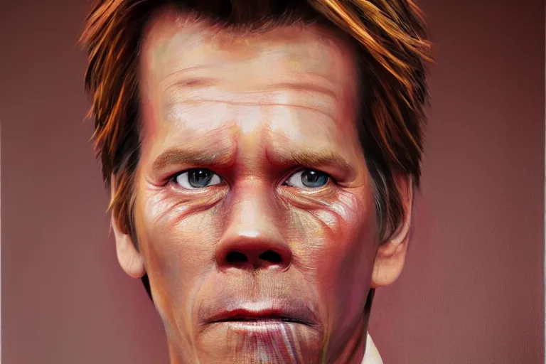 Image similar to an ultra realistic painting of kevin bacon, bacon rasher wrapped around his face, 8 k, cinematic, movie still