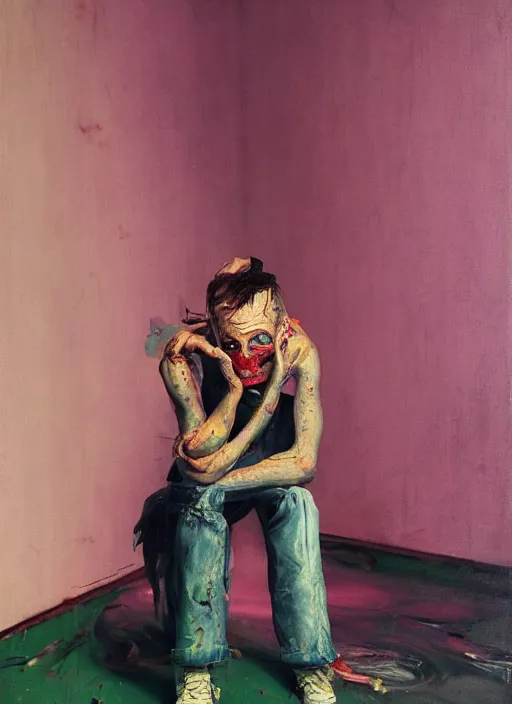 Image similar to an insane, skinny, artist wearing torn overalls, expressive emotions, inside a grand messy studio, depth of field, hauntingly surreal, highly detailed oil painting, by francis bacon, edward hopper, adrian ghenie, glenn brown, soft light 4 k in pink, green and blue colour palette, cinematic composition, high quality octane render, masterpiece