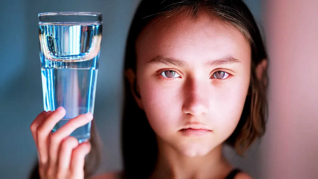 Prompt: in the foreground is a transparent glass of water, in the background is the face of a beautiful girl, 4 k photo with sony alpha a 7 by unknown photographer.