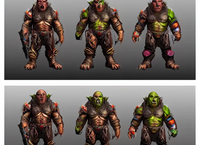 Image similar to three different views of orcs in armour, colourful concept art by senior character artist, trending on artstation, artstation hd, full body, ultra - realistic! intricate!