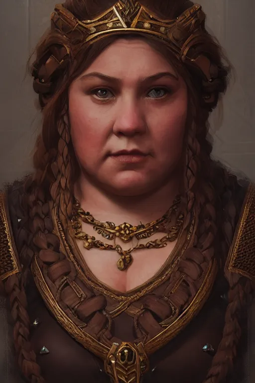 Prompt: Portrait | chubby female dwarf queen | ornamental dwarven breastplate | elaborated braided hair | style by greg rutkowski, wayne reynolds, jeff easley dramatic light | high detail | cinematic lighting | artstation | Regal and Proud robust woman| bold serious expression | dungeons and dragons | throne room |