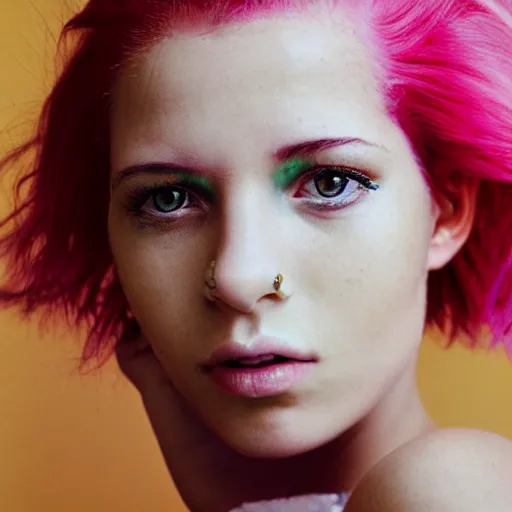 Prompt: portrait of a beautiful 20-year-old woman with pink hair and face piercings by Mario Testino, ca. 1990, close up, detailed, award winning, Sony a7R