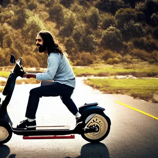 Image similar to photo of jesus riding a scooter in california, high detail, cinematic,