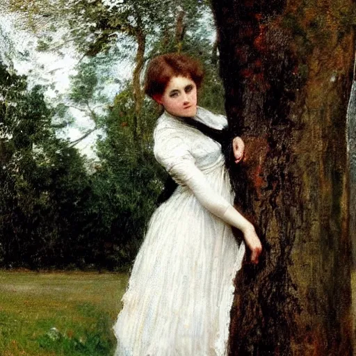 Prompt: young victorian lady climbing a tree, painted by alfred stevens