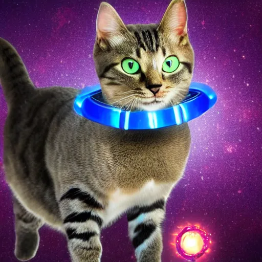 Image similar to A high quality photo of Jinx the cat wearing the infinity gauntlet