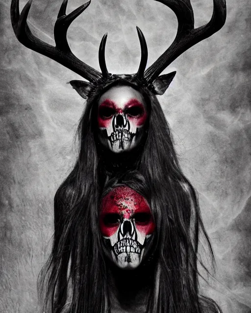 Image similar to deer - skull sisters ghost - spirit of the grim - warpaint wears the scarlet skull armor and native blood headdress antlers, midnight fog - mist!, cinematic lighting, various refining methods, micro macro autofocus, ultra definition, award winning photo, photograph by ghostwave - gammell - giger - shadowlord