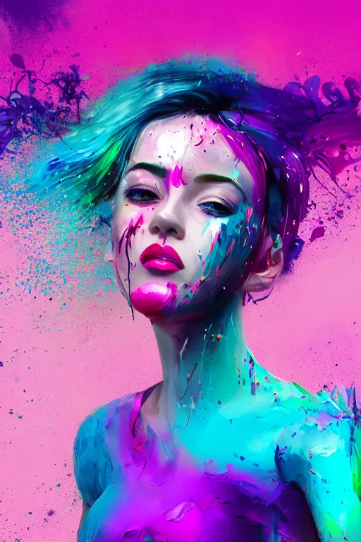 Image similar to a award winning half body porttrait of a beautiful woman in a croptop and cargo pants with ombre purple pink teal hairstyle with head in motion and hair flying, paint splashes, splatter, outrun, vaporware, shaded flat illustration, digital art, trending on artstation, highly detailed, fine detail, intricate