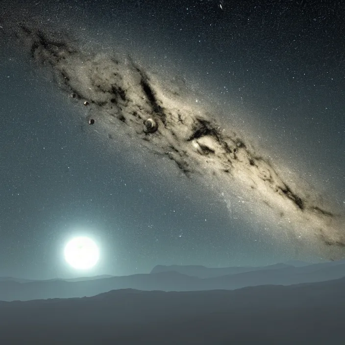 Prompt: Milky Way and an alien moon as seen in the night sky of a distant alien planet with spiky mountain surface, NASA true color photograph, very detailed, 8k resolution