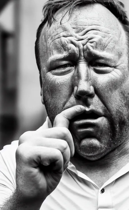 Prompt: photograph of alex jones red faced sweating and crying, he has lost everything