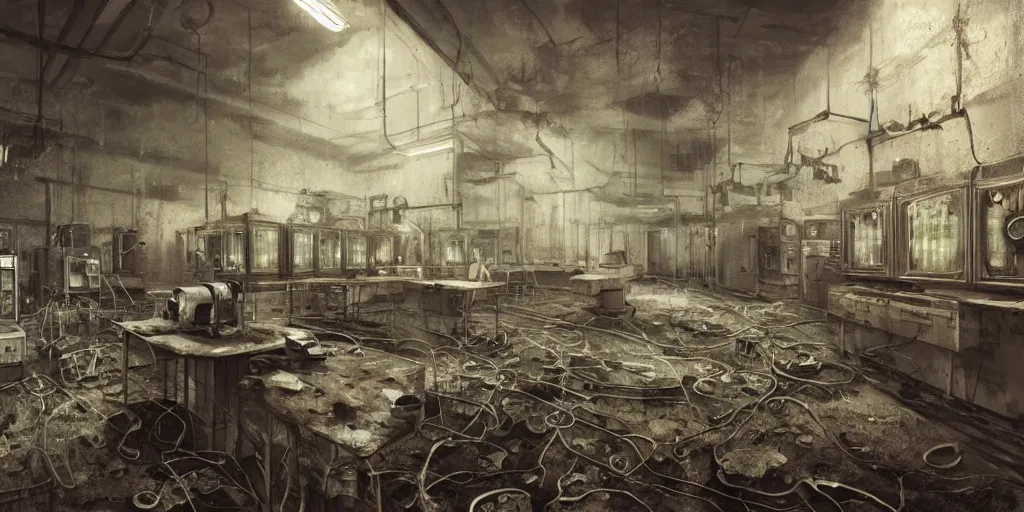 Prompt: abandoned laboratory with vacuum tube computers, early xx century technology, dark atmosphere, intricate, elegant, highly detailed, urban decay, digital painting, artstation, concept art, smooth, sharp focus, octane render, dramatic lighting, volumetric lighting, cinematic lighting, art by zdislav beksinski and hans giger