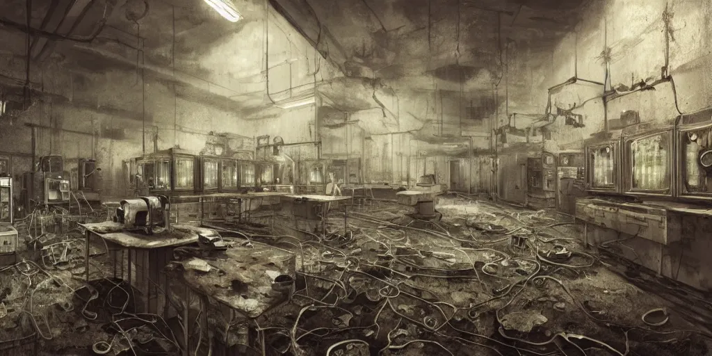 Image similar to abandoned laboratory with vacuum tube computers, early xx century technology, dark atmosphere, intricate, elegant, highly detailed, urban decay, digital painting, artstation, concept art, smooth, sharp focus, octane render, dramatic lighting, volumetric lighting, cinematic lighting, art by zdislav beksinski and hans giger