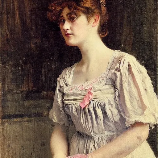 Prompt: young victorian lady in nightgown, painting by alfred stevens