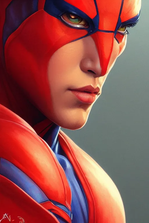 Prompt: a portrait of scarlet spider, fantasy, sharp focus, intricate, elegant, digital painting, artstation, matte, highly detailed, concept art, illustration, ambient lighting, art by ilya kuvshinov, artgerm, alphonse mucha, and greg rutkowski