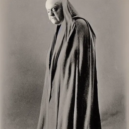 Image similar to aleister crowley wearing a dark hooded cloak