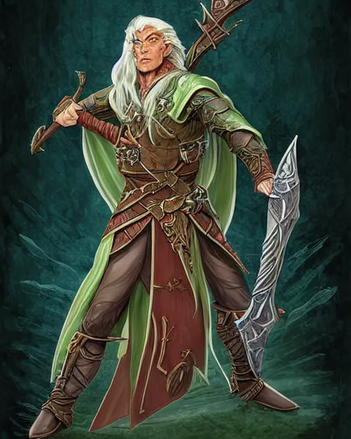 Prompt: full face and body D&D character art illustration of a elven magus fighter, by Wayne Reynolds.