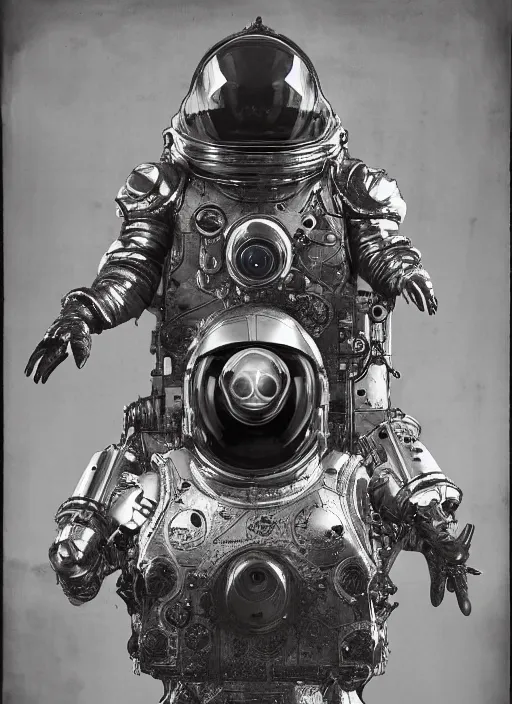 Image similar to old wetplate daguerreotype portrait of a futuristic silver armored space astronaut, fractal, intricate, elegant, highly detailed, parallax, leica, medium format, subsurface scattering, by jheronimus bosch and greg rutkowski and louis jacques mande daguerre