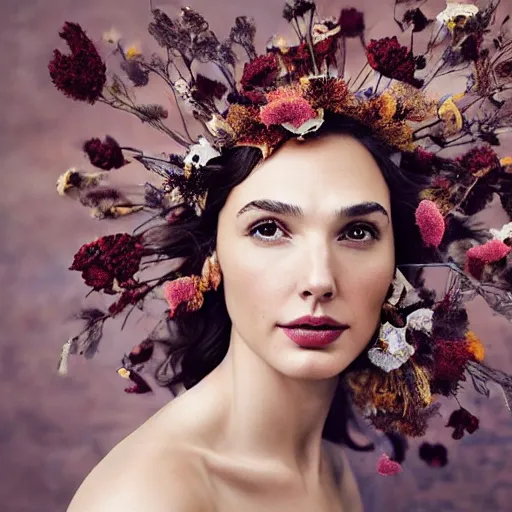 Image similar to full body fine art photo of the beauty gal gadot, she has a crown of dried flowers and is wearing a fashionist conceptaul dress made of dried roses, taken by oleg oprisco