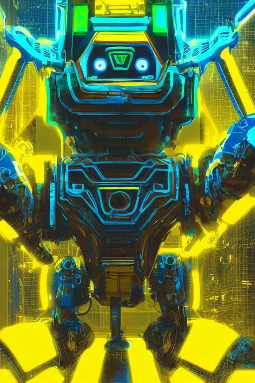 Image similar to Robotic ox, Cyberpunk, Green yellow blue