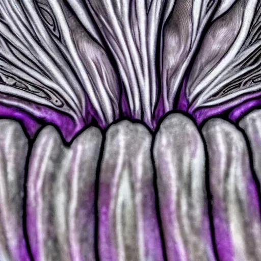 Prompt: a mushroom's gills from the bottom that is purple and grey with intricate microscopic view of patterns ; maximum realism ; maximum detailed close - up ; dramatic lighting