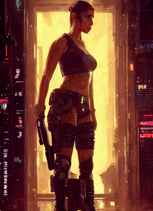 Image similar to Sonya Lopez. Cyberpunk hitwoman wearing military vest walking through nightclub (blade runner 2049, cyberpunk 2077). Orientalist portrait by john william waterhouse and James Gurney and Theodore Ralli and Nasreddine Dinet, oil on canvas. Cinematic, hyper realism, realistic proportions, dramatic lighting, high detail 4k