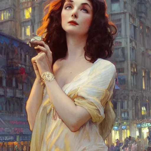 Image similar to a young vivian leigh, city background, dramatic lighting, high detail, painted, by greg rutkowski, painted by stanley artgerm, painted by alphonse mucha, trending on artstation