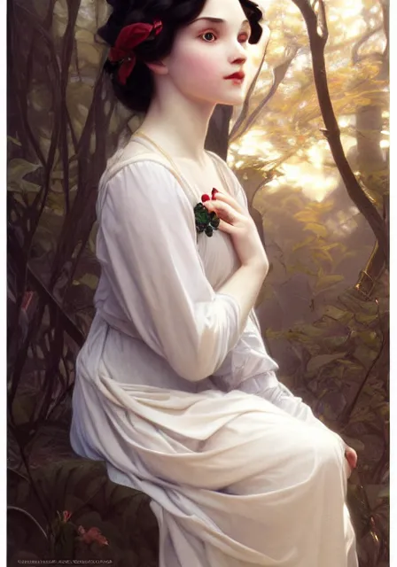 Image similar to little snow white, intricate, elegant, highly detailed, digital painting, artstation, concept art, smooth, sharp focus, illustration, art by artgerm and greg rutkowski and alphonse mucha and william - adolphe bouguereau