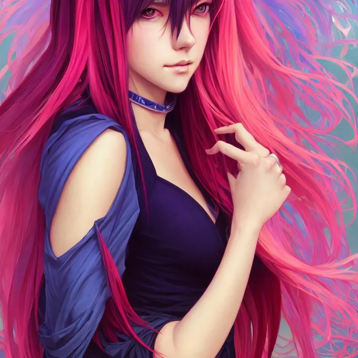 Image similar to full body portrait, a beautiful symmetrical gorgeous anime girl, rainbow hair, attractive, casual, modern, victoria's secret, highly detailed, digital painting, artstation, concept art, smooth, sharp focus, illustration, art by artgerm, greg rutkowski and alphonse mucha, 8 k,