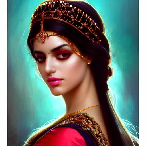 Image similar to Beautiful portrait of a Persian Princess who is an architect, beautiful princess, face painting, beautiful body, attractive, babe, dramatic lighting, intricate, wild, highly detailed, digital painting, artstation, concept art, smooth, sharp focus, illustration, black+velvet+red+Turquoise, dark, art by artgerm and greg rutkowski and alphonse mucha, footage from space camera