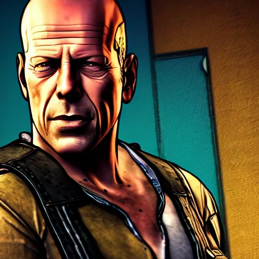 Image similar to bruce willis portrait, borderlands, tales from the borderlands, the wolf among us, comic, cinematic lighting, studio quality, 8 k