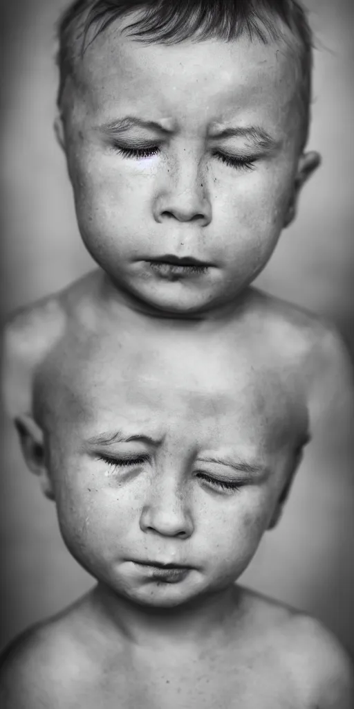 Image similar to High resolution black and white portrait with a 35mm F/5.0 lens of a single child, single head, from Soviet Russia with eyes closed with a sorrowful face about to cry.