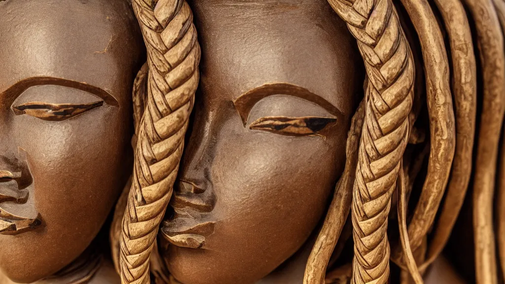 Prompt: close up portrait of Benin ivory sculpture, classical African art, long and flowing braided hair, cables, patterns, cyborg, sun rays, subtle shadows, hyper realism, intricate, very detailed, trending on art station, Unreal Engine