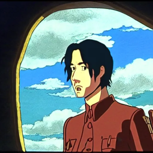 Image similar to a still of keanu reeves in castle in the sky ( 1 9 8 6 ) studio ghibli art style. hayao miyazaki imagination