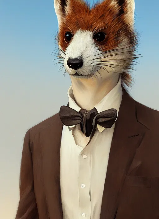 Prompt: Character portrait of a happy furry anthro stoat wearing a white shirt, tan vest, bowtie, and black slacks in the desert wilderness, intricate, elegant, highly detailed, digital painting, artstation, concept art, smooth, sharp focus, illustration, art by Krenz Cushart and Artem Demura and alphonse mucha