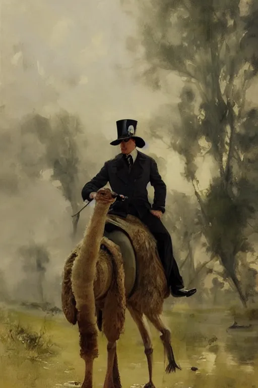 Prompt: portrait of a respectable dignified royal business elite politician wearing a top hat and coat tails riding on an ostrich, art by anders zorn, wonderful masterpiece by greg rutkowski, beautiful cinematic light, american romanticism by greg manchess, jessica rossier