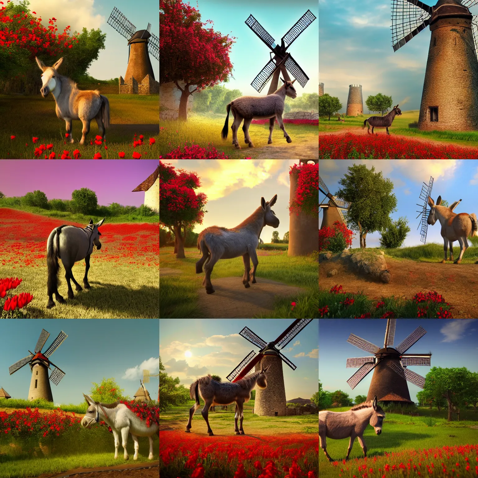 Prompt: Village observes beautiful donkey standing near a windmill, spots of red flowers nearby, medieval french landscape, Carcassonne, cozy wallpaper, 4k, high details, volumetric dynamic lighting, motion blur, blur, trending on Artstation, award-winning