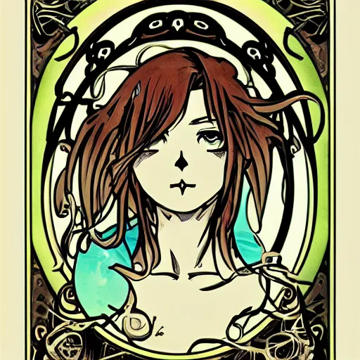 Image similar to anime manga skull portrait angel angelic cartoon skeleton illustration style by Alphonse Mucha pop art nouveau