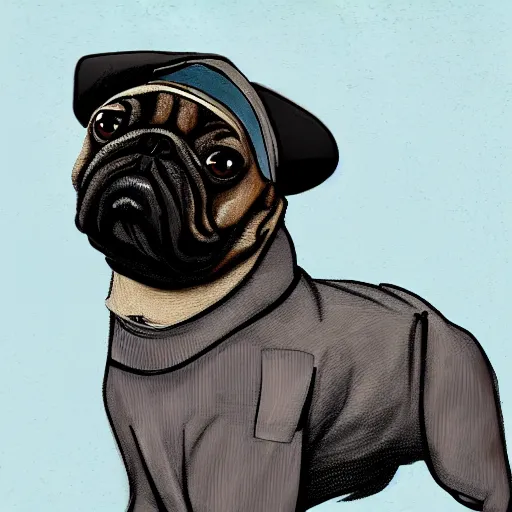 Prompt: a gentleman pug wearing a black jacket and a cap, art station