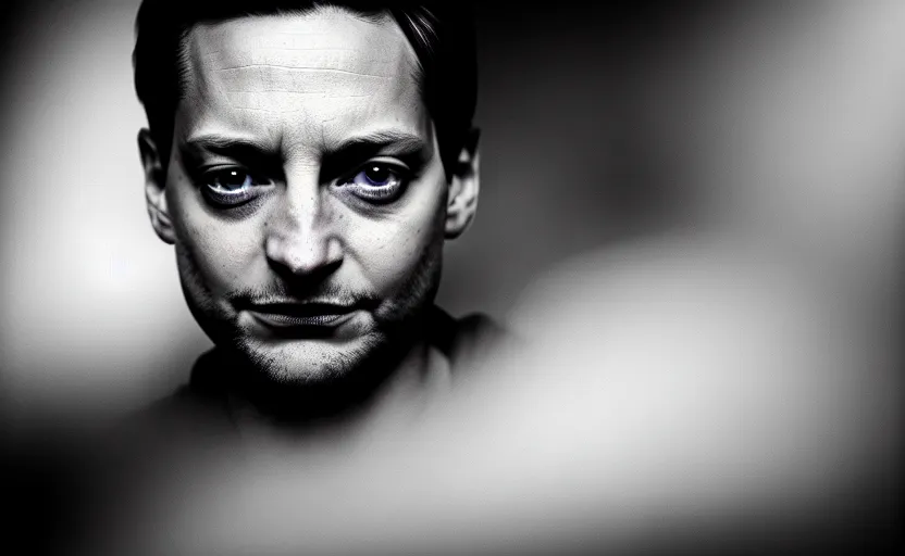 Prompt: photographic portrait by Annie Leibovitz of Tobey Maguire, closeup, foggy, sepia, moody, dream-like, sigma 85mm f/1.4, 15mm, 35mm, 4k, high resolution, 4k, 8k, hd, full color