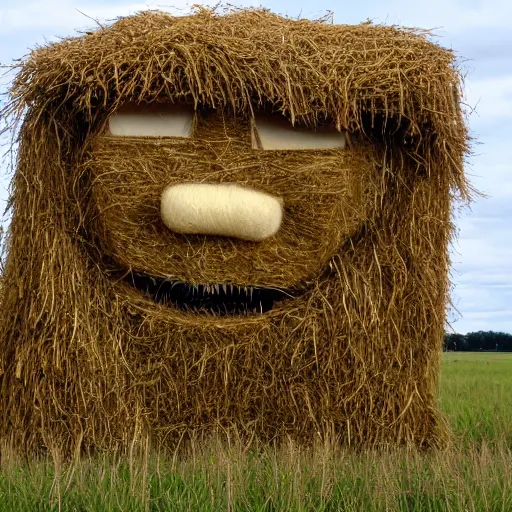 Image similar to a detailed hay monster in a field looking ominously at the camera