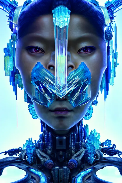 Image similar to asura from chinese myth, ghost, gorgeous and huge head ornaments, dystopian, cyberpunk, organic fractal mycelum and fungi, mecha, halfturn portrait of a big crystal face made of crystals half - turn, ominous, intricate, studio, art by anthony macbain + greg rutkowski + alphonse mucha, concept art, 4 k, sharp focus