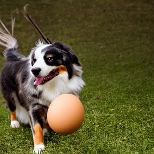 Prompt: photo of an Australian Shepherd balancing an egg on their head, award winning photography