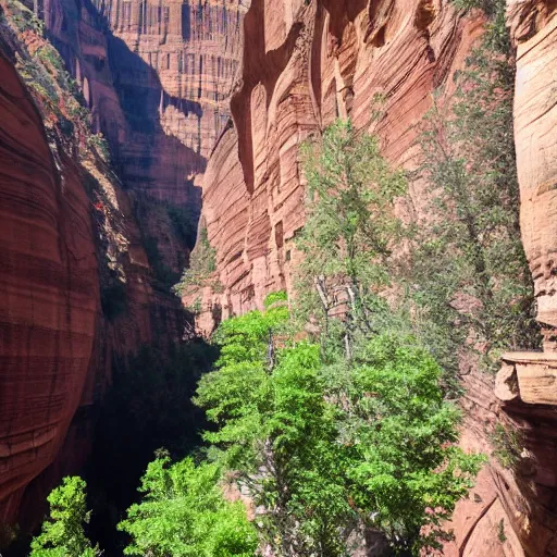 Image similar to A humongous canyon with temples etched into the walls of the canyon.