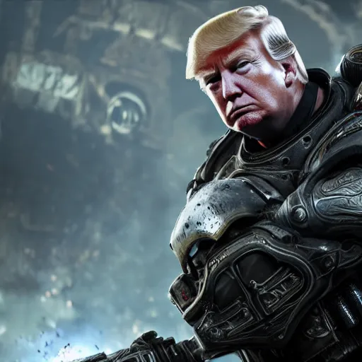 Image similar to Photo portrait of Donald Trump as Crusader!! in Gears of War, splash art, movie still, detailed face, photorealistic facial features, cinematic lighting, dramatic, octane render, long lens, shallow depth of field, bokeh, anamorphic lens flare, 8k, hyper detailed, 35mm film grain