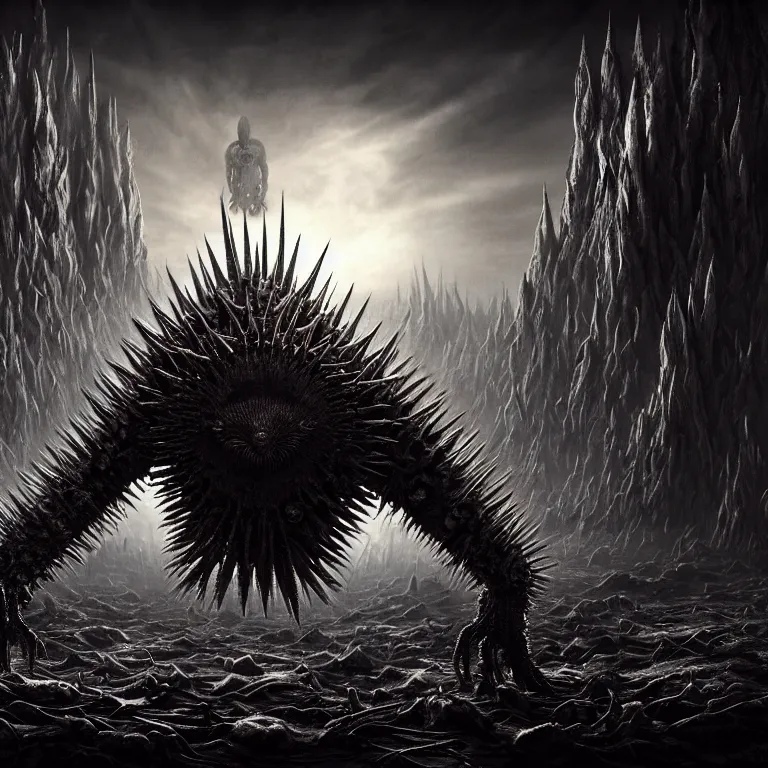 Prompt: ribbed symmetrical surreal spiky spinal abandoned alien on exoplanet, covered with spikes, in a desolate empty wasteland, creepy, nightmare, dream-like heavy atmosphere, surreal abandoned buildings, beautiful detailed intricate insanely detailed octane render trending on Artstation, 8K artistic photography, photorealistic, chiaroscuro, Raphael, Caravaggio, Beksinski, Giger