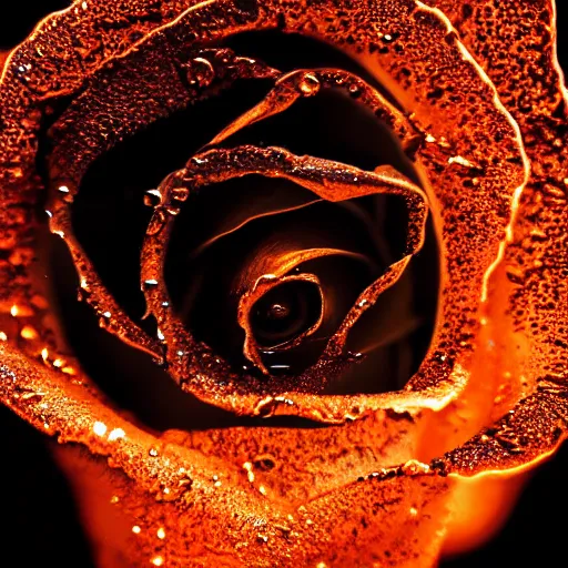 Image similar to award - winning macro of a beautiful black rose made of glowing molten magma